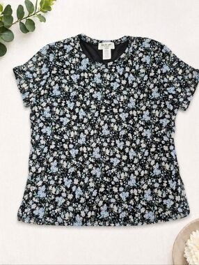 Kim & Cami Los Angeles Floral Mesh Top M Lined Sheer Sleeve Light Blue Black